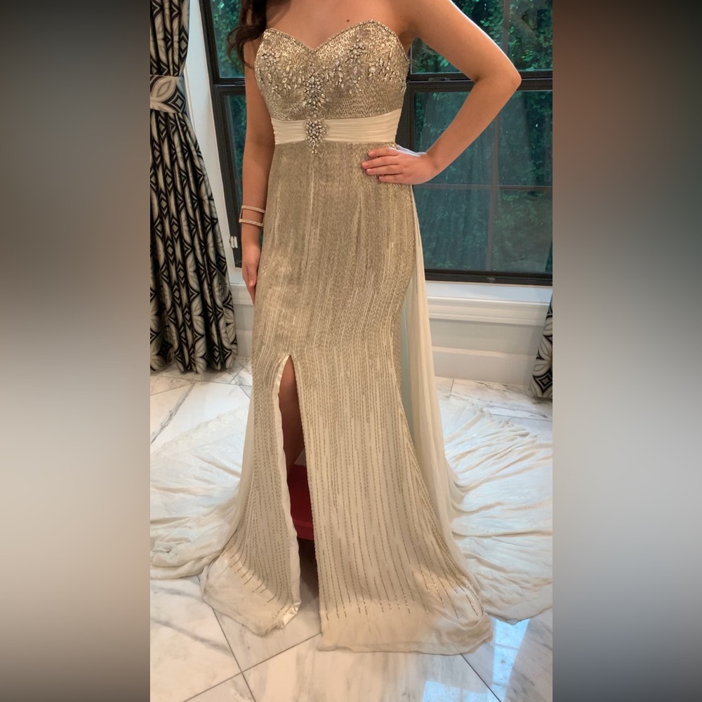 TONY BOWLS NUDE STRAPLESS BEADED EVENING GOWN